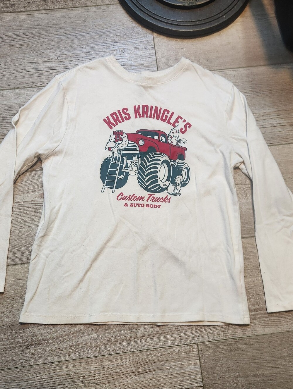 Holiday Time White Long Sleeve Tee with Red Monster Truck Graphic